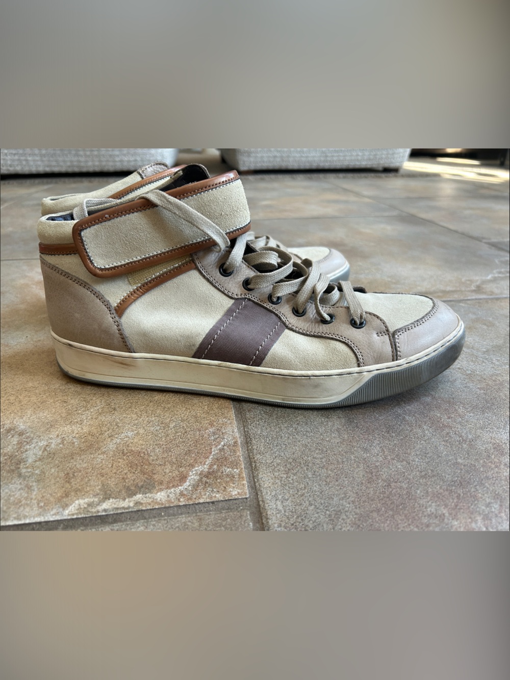 Lanvin Men's High-Top Casual Sneakers in Beige and Brown